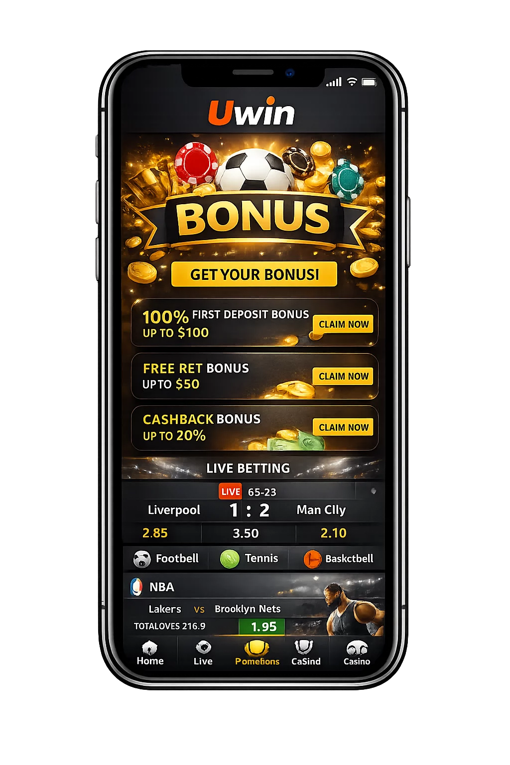 Uwin bonus on mobile app — sports betting interface with welcome bonus offers on smartphone