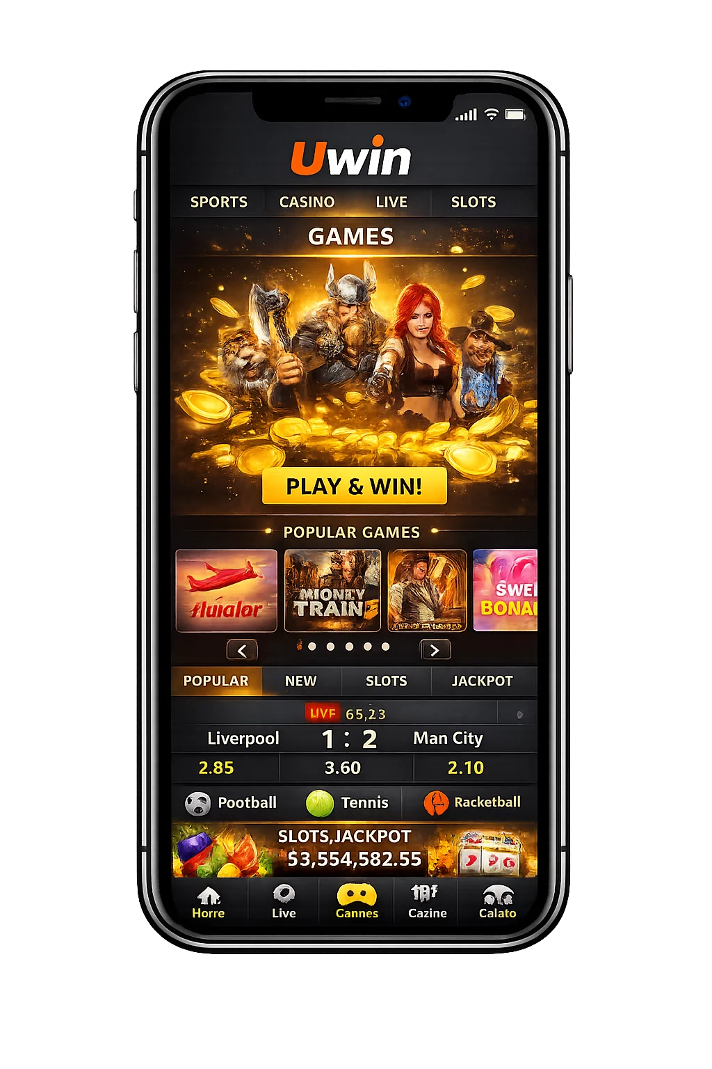 Uwin games on mobile app — casino games and live sports betting interface on smartphone