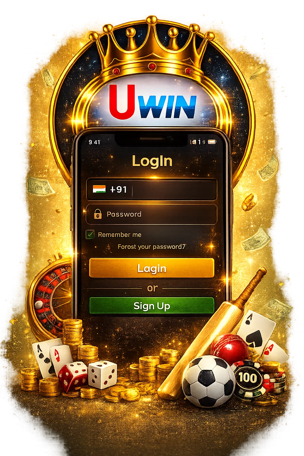 Uwin login screen displayed on a smartphone with the Uwin logo, secure sign-in form, and sports betting elements including cricket gear, cards, dice, and coins on a golden background.
